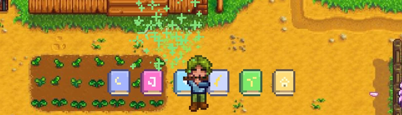 星陨魔笛 Mod：角色在农场吹奏魔笛，身边陈列着不同旋律的曲谱